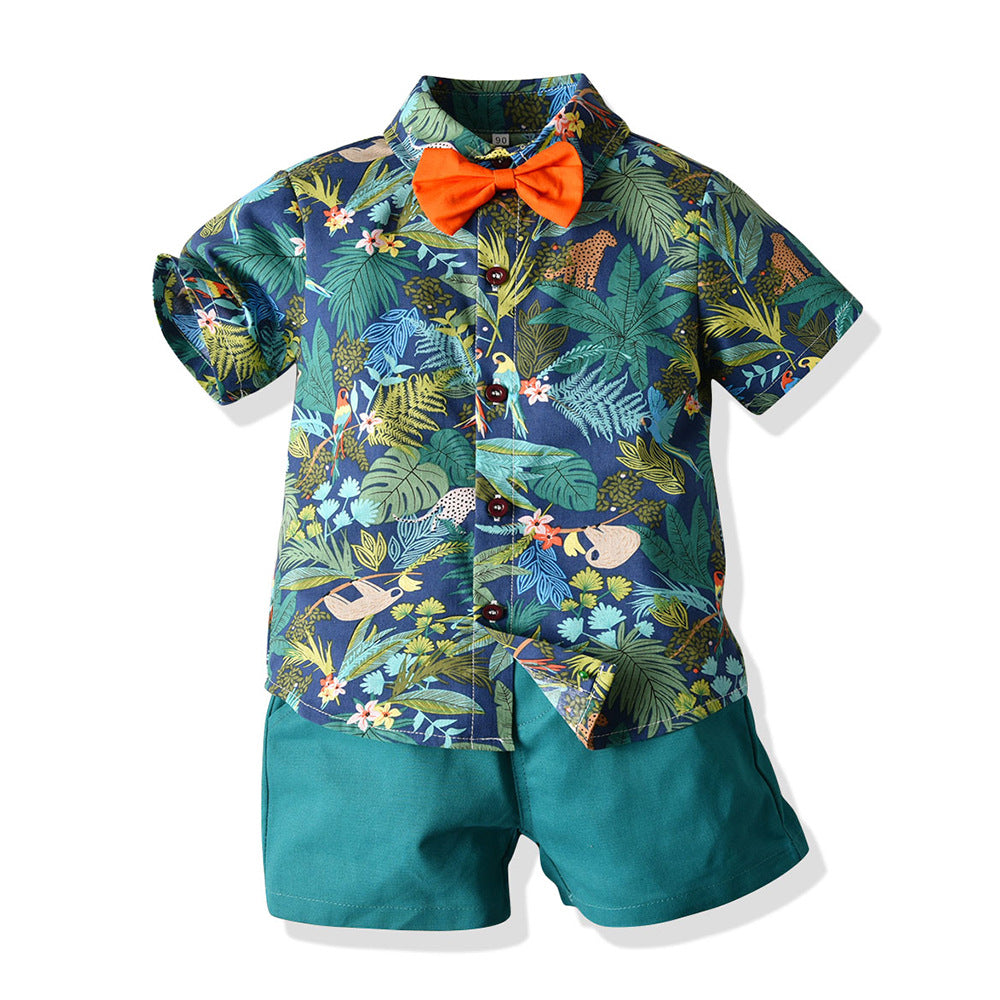 Summer Short Sleeve Printed Shirt Boys' Shorts Casual Two-piece Suit