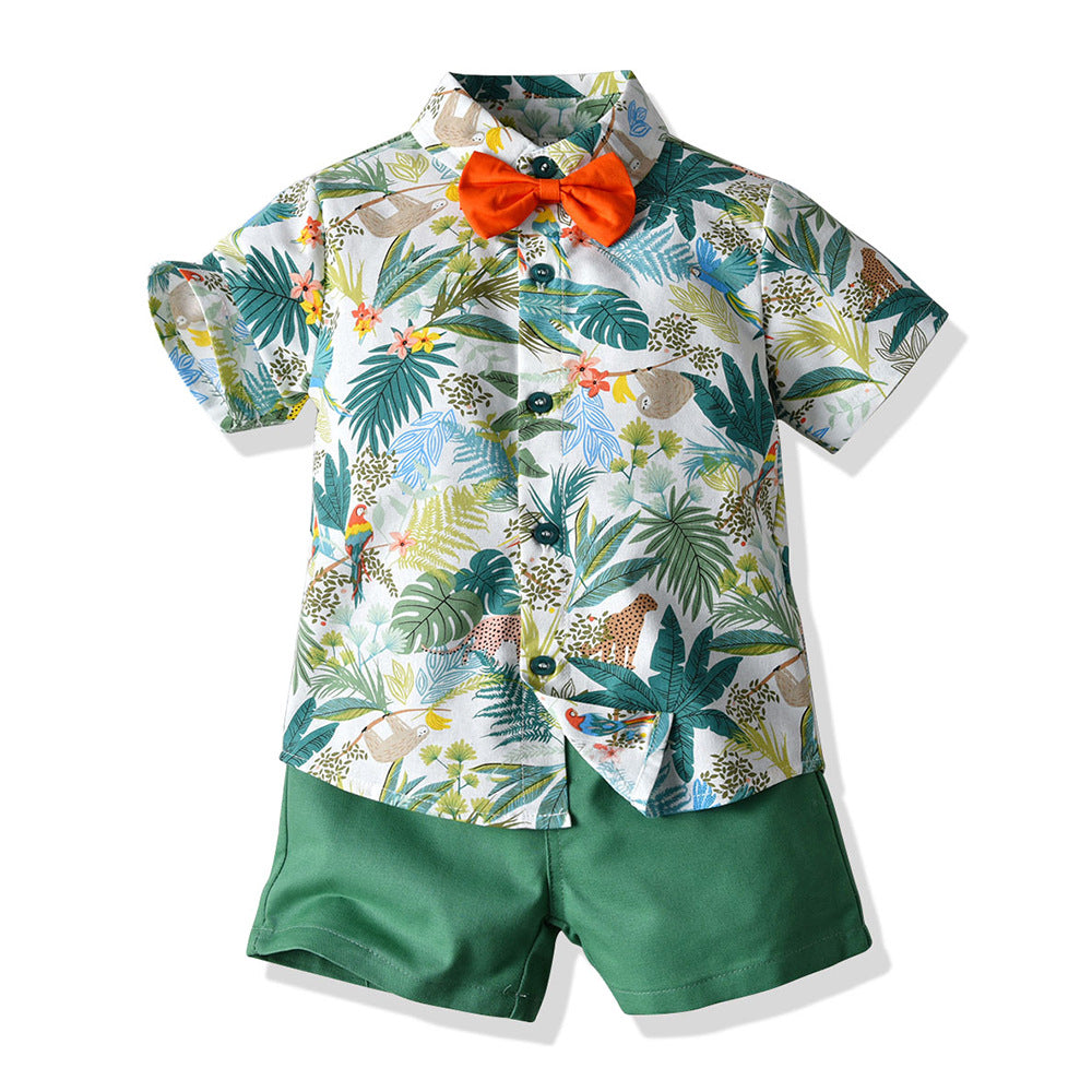 Summer Short Sleeve Printed Shirt Boys' Shorts Casual Two-piece Suit