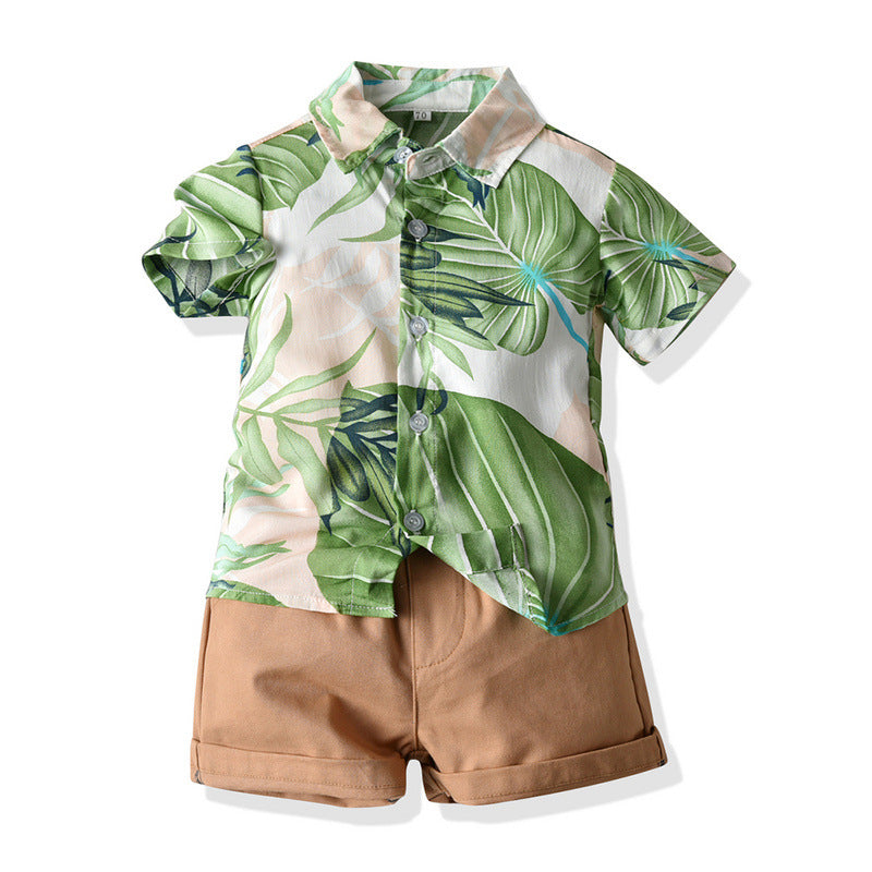 Summer Short Sleeve Printed Shirt Boys' Shorts Casual Two-piece Suit