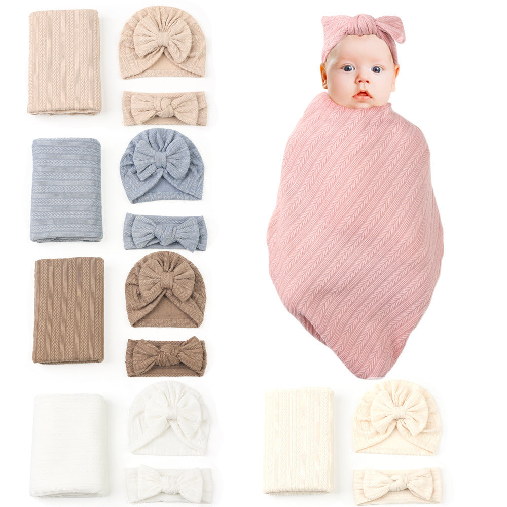 Newborn Polyester Cotton Solid Color Wheat Pattern Wrap Blanket Three-piece Suit