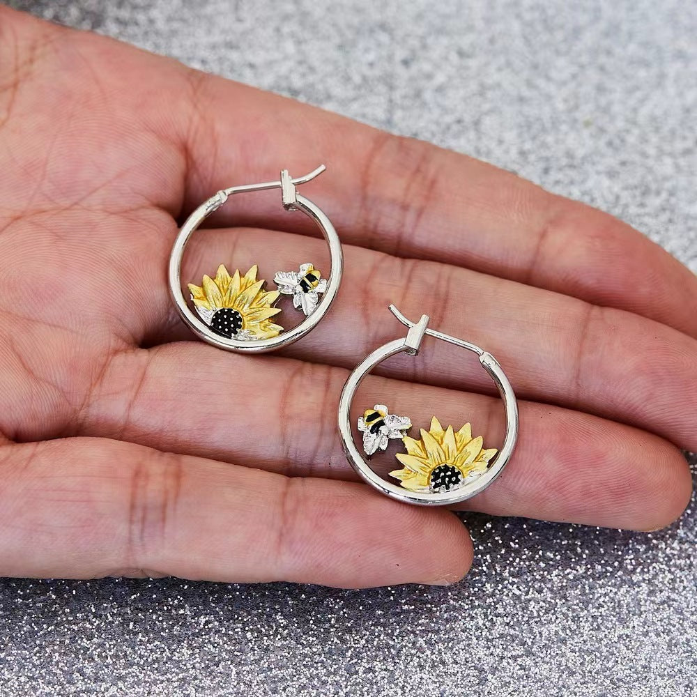 Sunflower Bee Round Ring Earrings Color Meiko