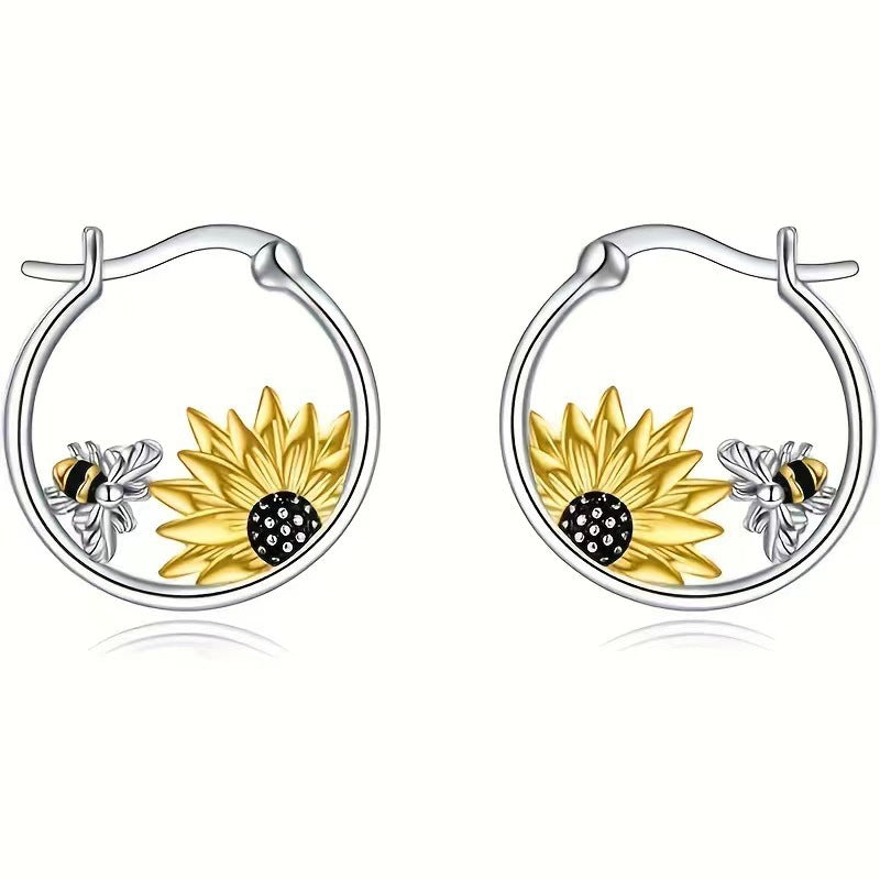 Sunflower Bee Round Ring Earrings Color Meiko