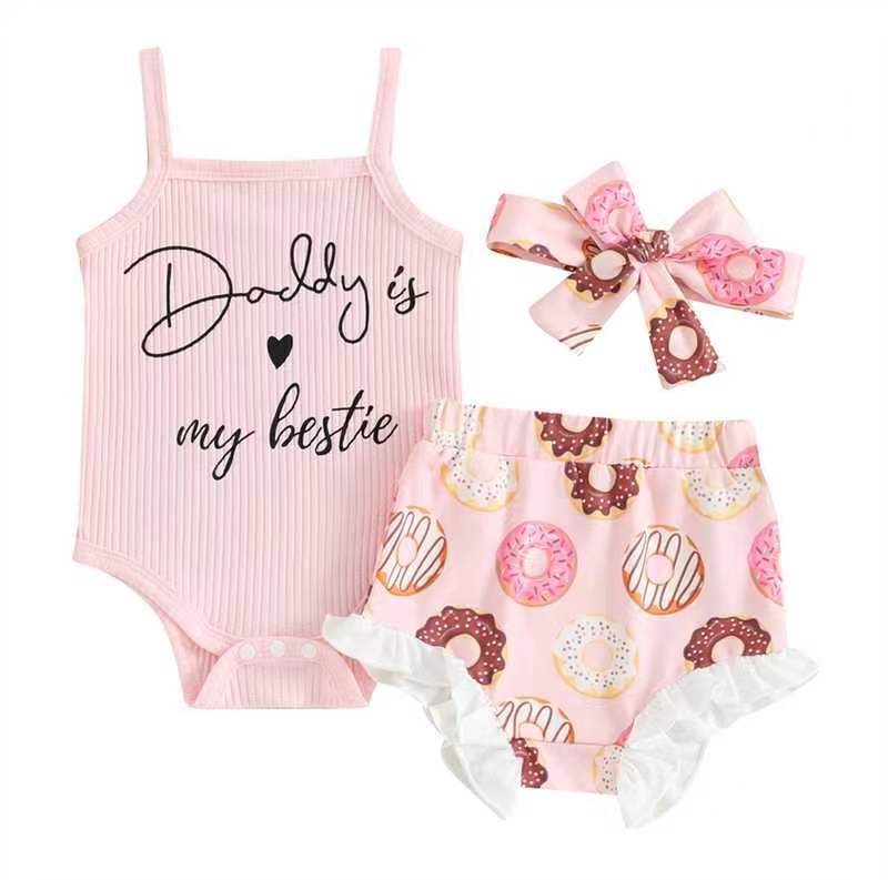 Baby Girl Chilren Waistcoat Sunken Stripe Letter Print Top Printed Shorts Triangle Rompers