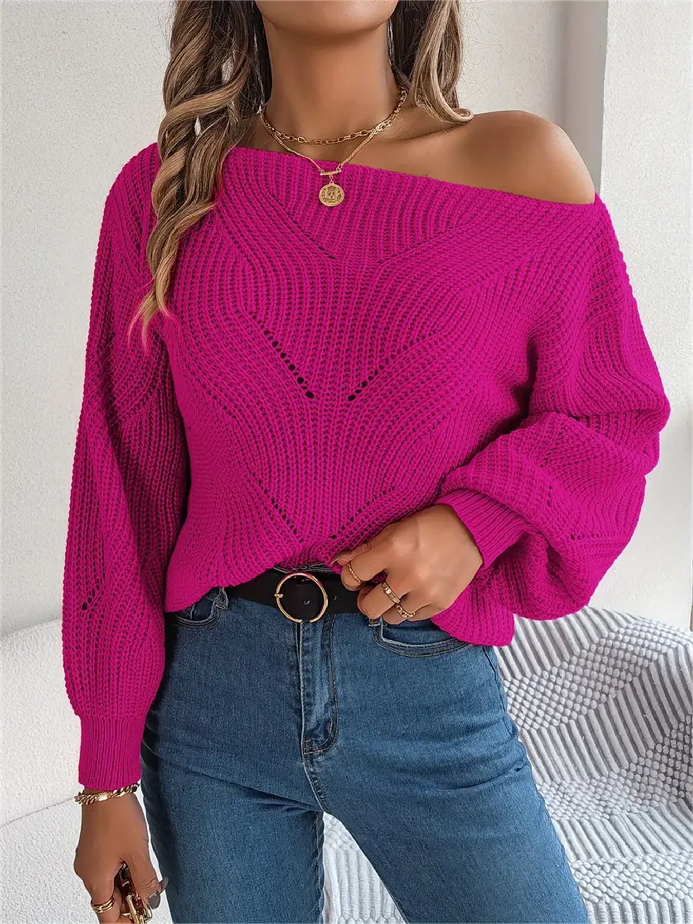 Off Shoulder Solid Color Sweater, Sexy Lantern Long Sleeve Sweater For Fall & Winter, Women's Clothing