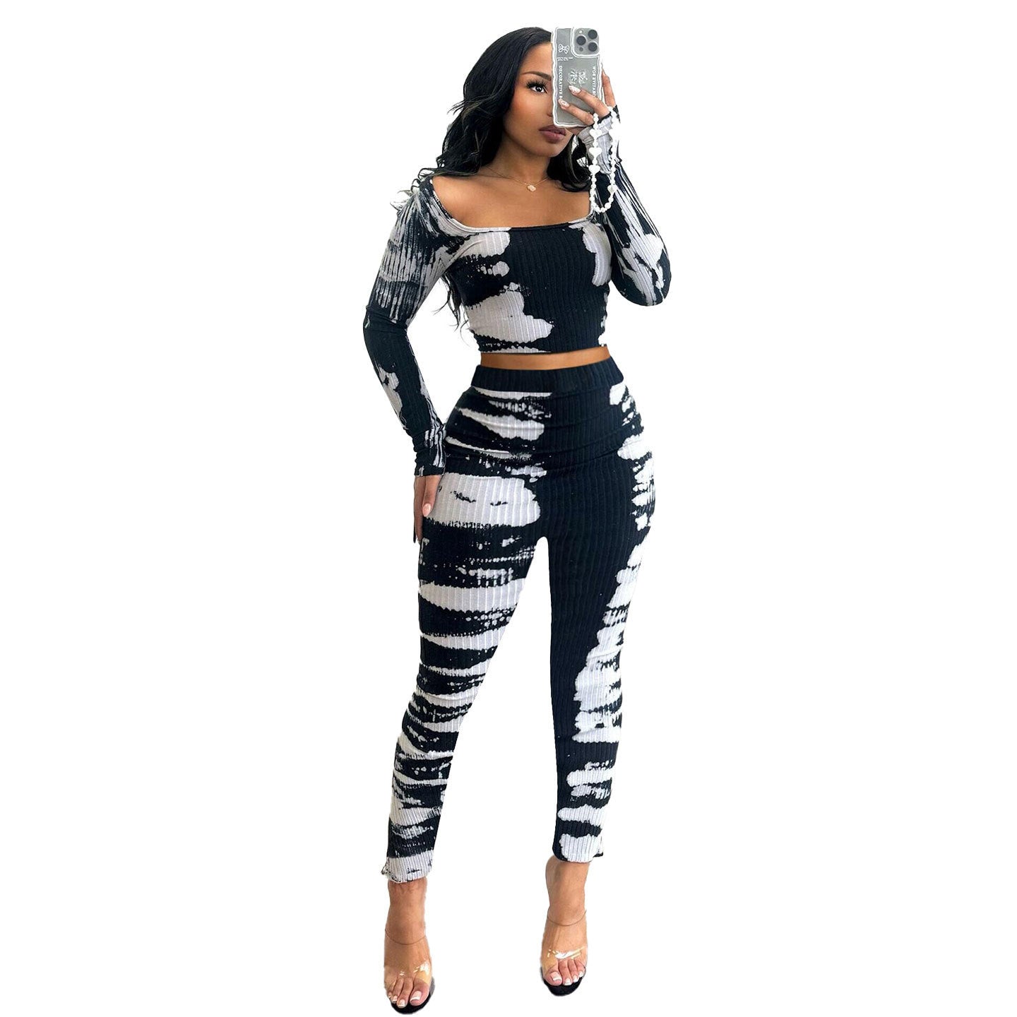 Sexy Print Slim-fit Stretch Sunken Stripe Two-piece Set