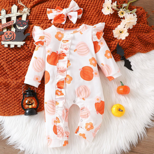 Girls' Cartoon Pumpkin Ruffled Flounced Sleeve Long-sleeved Trousers Crawling Suit Jumpsuit