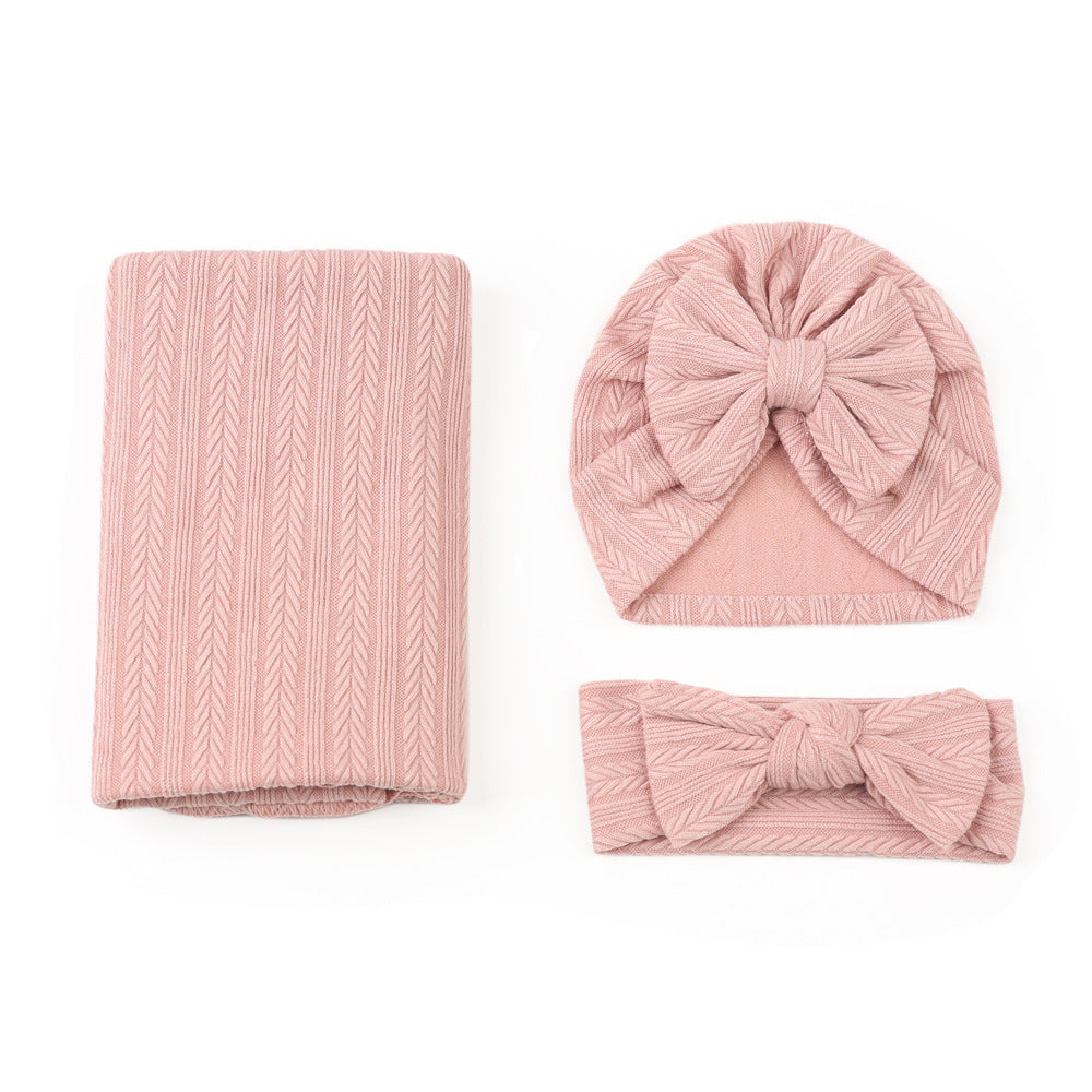 Newborn Polyester Cotton Solid Color Wheat Pattern Wrap Blanket Three-piece Suit