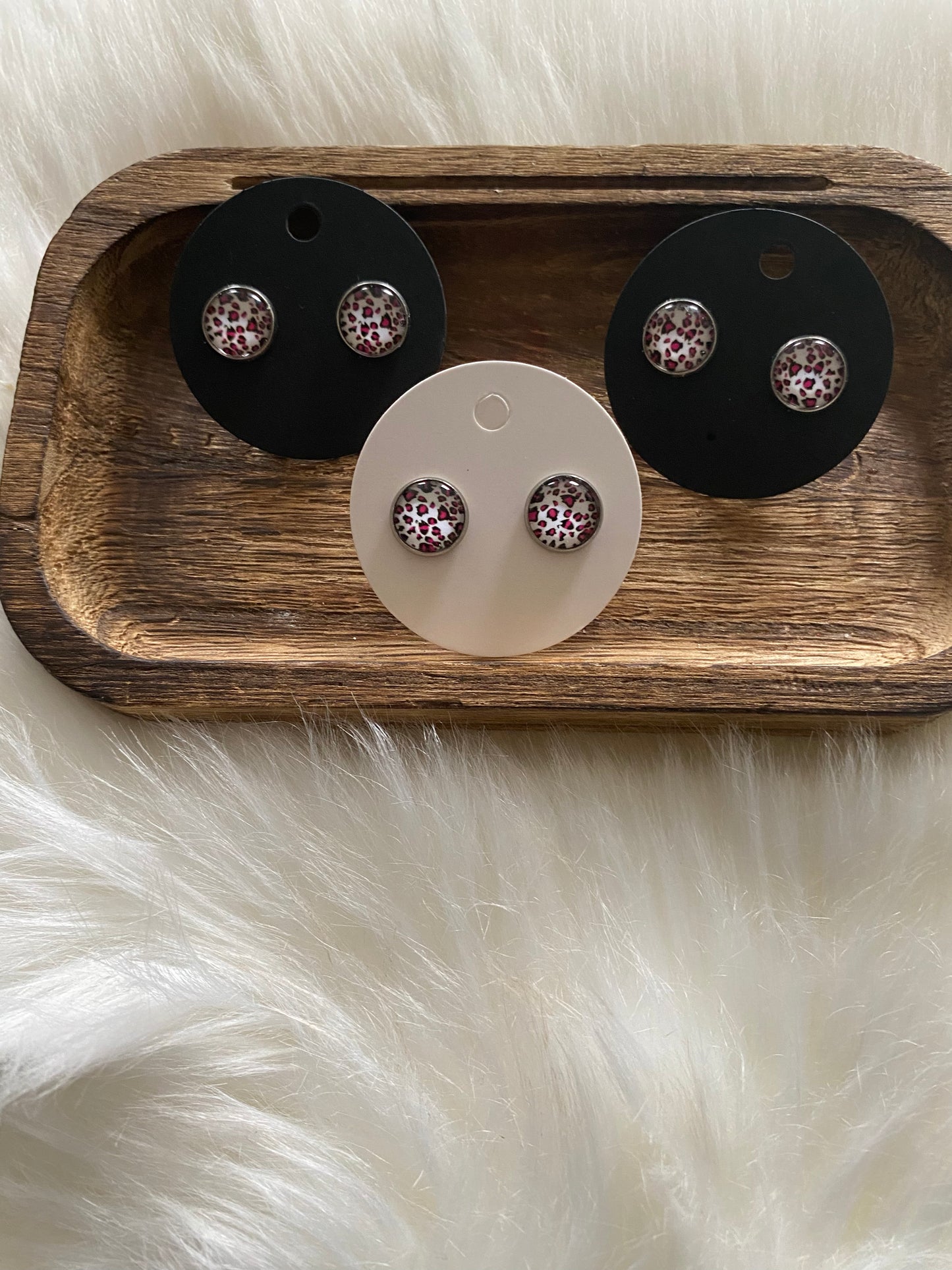 Pink and White Leopard Stud Earrings