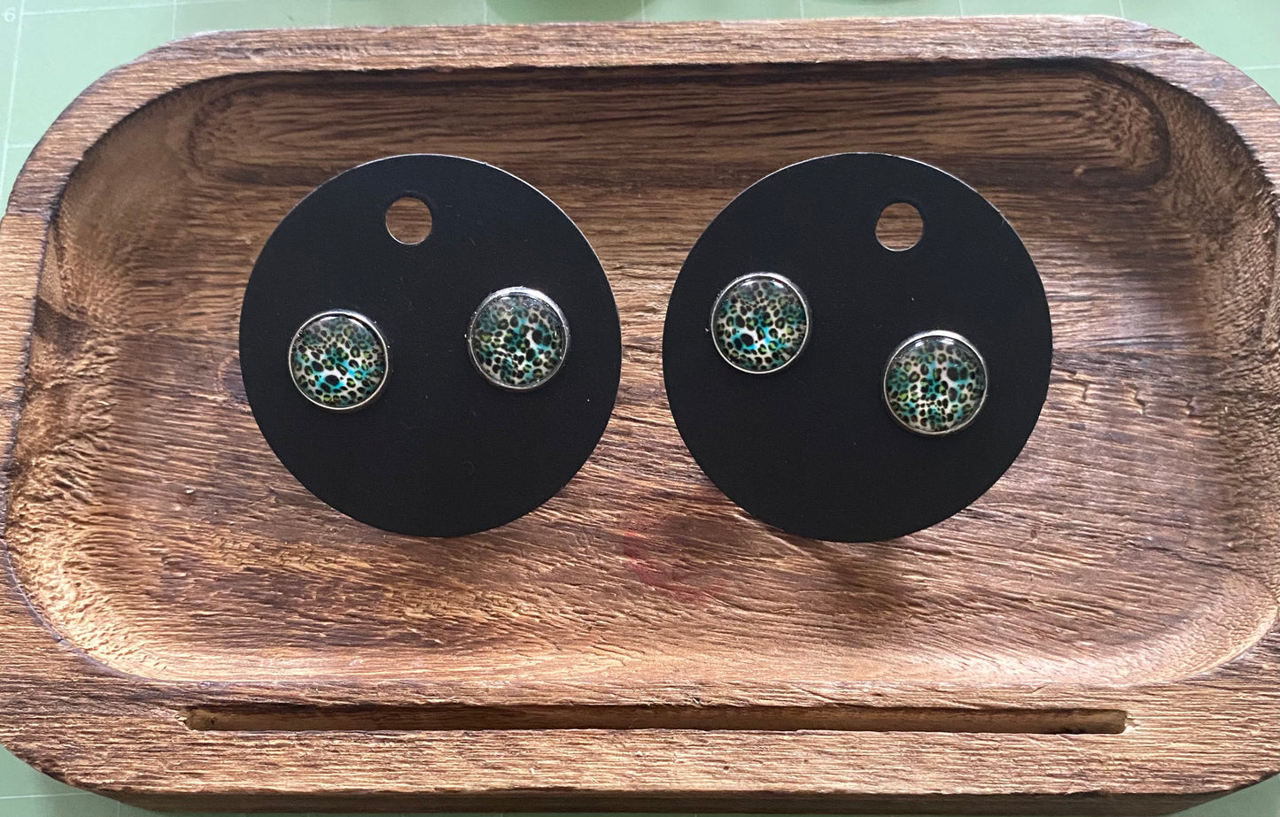 Green and White Cheetah Print Stud Earrings